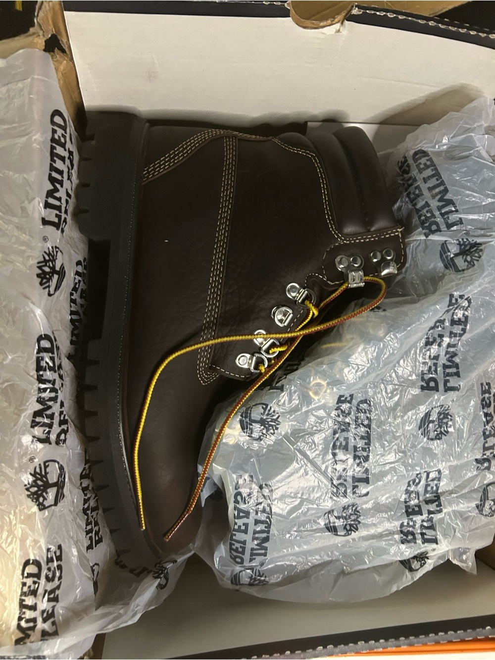 Timberland Men’s Dark Brown Leather Lace-Up Work Boot with Yellow Accent